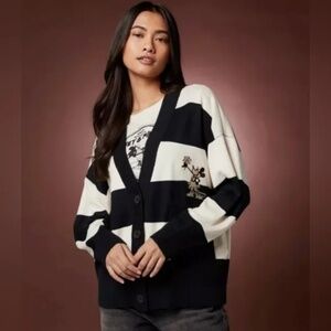 Disney Minnie Mouse Vintage Black Off White Cream Striped Cardigan Sz S